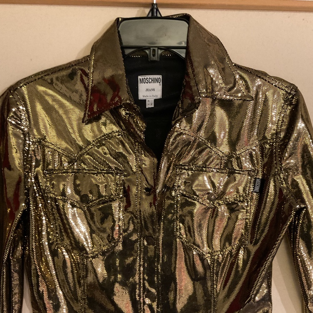Moschino Jeans Vintage Gold Metallic Button Down Snap Blouse Shirt Top Y2K sz 42 - Picture 3 of 10